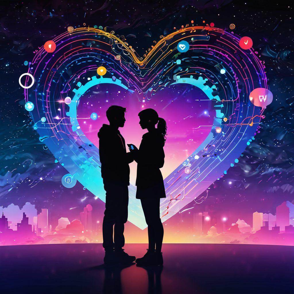 A romantic digital scene showcasing two silhouetted figures connecting through a glowing heart-shaped Wi-Fi signal, surrounded by floating social media icons and colorful chat bubbles. The background features a starry night sky with abstract connections resembling a circuit board. Emphasize vibrant colors and a sense of warmth to evoke passion and connection. cyberpunk. vibrant colors.