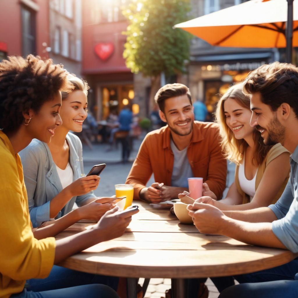 A warm, inviting scene depicting a diverse group of people engaging in genuine conversations at an outdoor café, with digital devices subtly integrated into their interactions. Soft sunlight illuminating their smiles, showcasing a blend of cultures and backgrounds. Include elements that represent both online dating and real-life connections, such as heart-shaped icons and chat bubbles in the background. super-realistic. vibrant colors. ambient atmosphere.