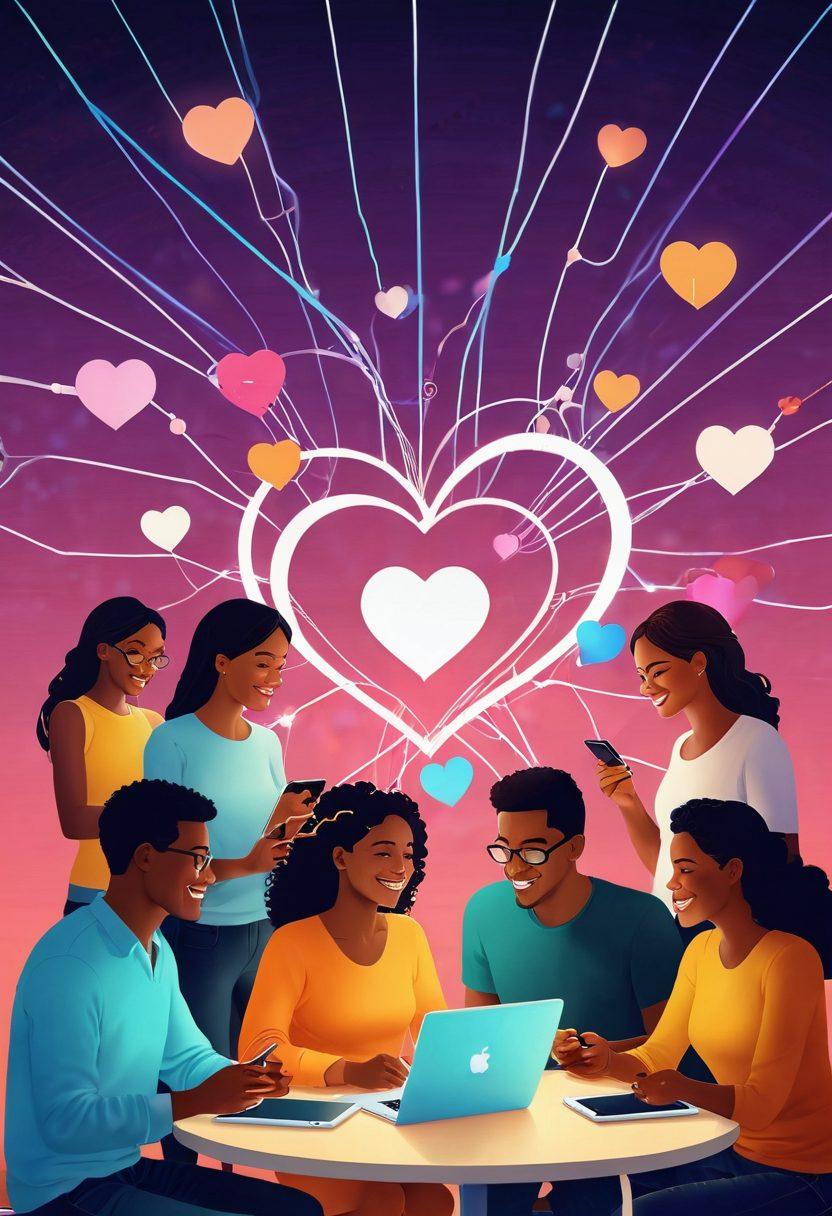 A warm, inviting scene of diverse people engaging with each other through their devices, surrounded by heart-shaped icons and glowing connection lines that symbolize networking. Include elements like cheerful expressions and stylized communication bubbles to depict the joy of interaction. The background should be soft and ethereal, representing the depth of relationships. vibrant colors. digital art. relatable and modern.